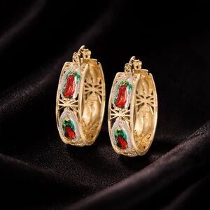 10K Gold & Red Virgin Mary Guadalupe Hoop Earrings